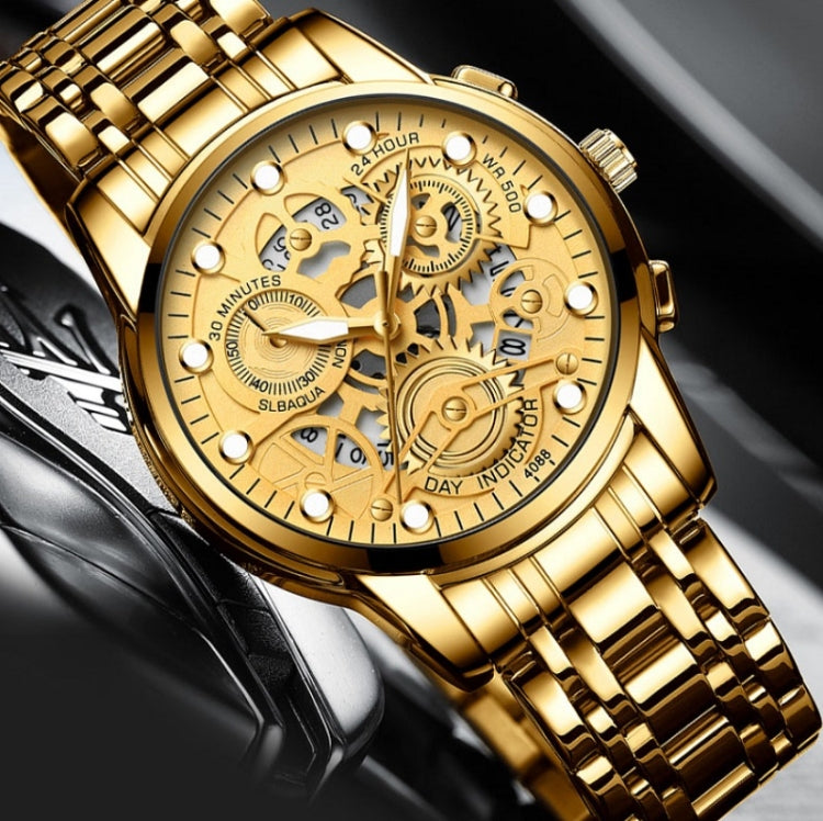 FNGEEN 4088 Men Hollow Quartz Watch Student Water-resistant Luminous Watch(All Black Surface Gold Nails)