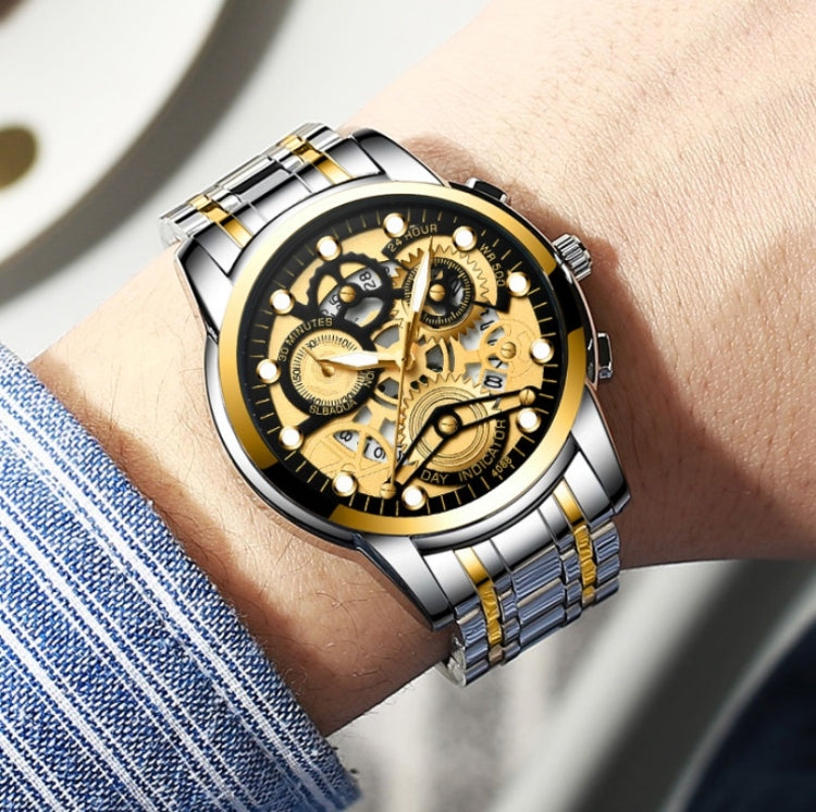 FNGEEN 4088 Men Hollow Quartz Watch Student Water-resistant Luminous Watch(All Black Surface Gold Nails)