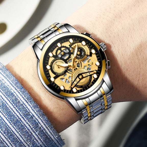 FNGEEN 4088 Men Hollow Quartz Watch Student Water-resistant Luminous Watch(All Black Surface Gold Nails)