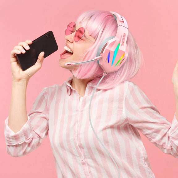 ERXUNG J5 Head-Mounted Gaming Headset Wire-Controlled Desktop Computer Gaming With Microphone  Luminous Headset(Pink)