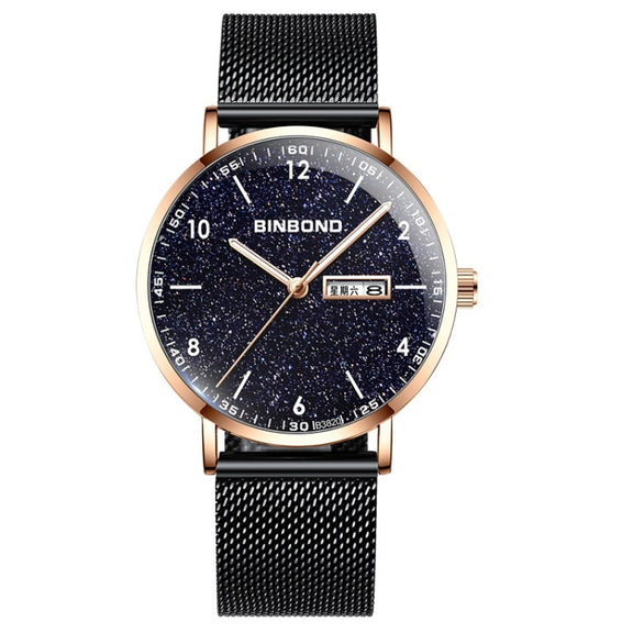 BINBOND B3820 Men Simple Luminous Quartz Watch Student Trendstarry Starry Sky Pattern Watch(Black Mash Rose Shell Rose Gold Nails)