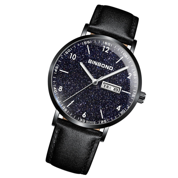 BINBOND B3820 Men Simple Luminous Quartz Watch Student Trendstarry Starry Sky Pattern Watch(Black Leather Black Shell White Nails)