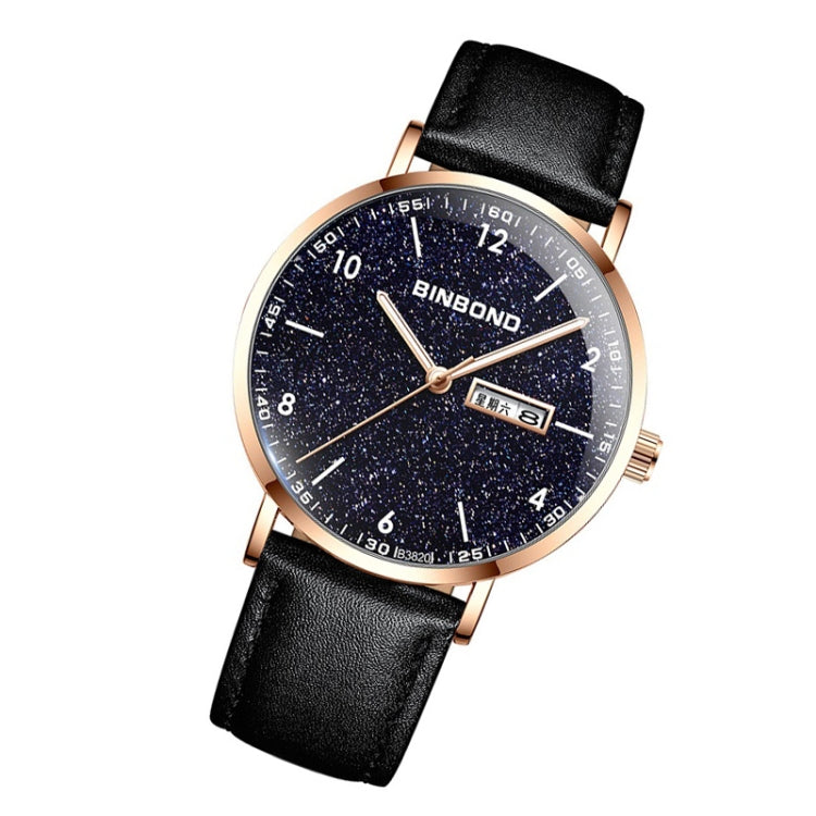 BINBOND B3820 Men Simple Luminous Quartz Watch Student Trendstarry Starry Sky Pattern Watch(Black Leather Rose Shell Rose Nails)