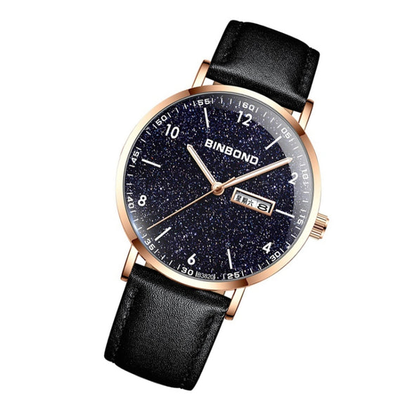 BINBOND B3820 Men Simple Luminous Quartz Watch Student Trendstarry Starry Sky Pattern Watch(Black Leather Rose Shell Rose Nails)