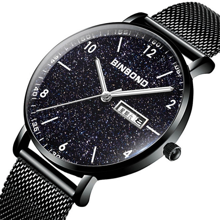 BINBOND B3820 Men Simple Luminous Quartz Watch Student Trendstarry Starry Sky Pattern Watch(Black Mash Rose Shell Rose Gold Nails)