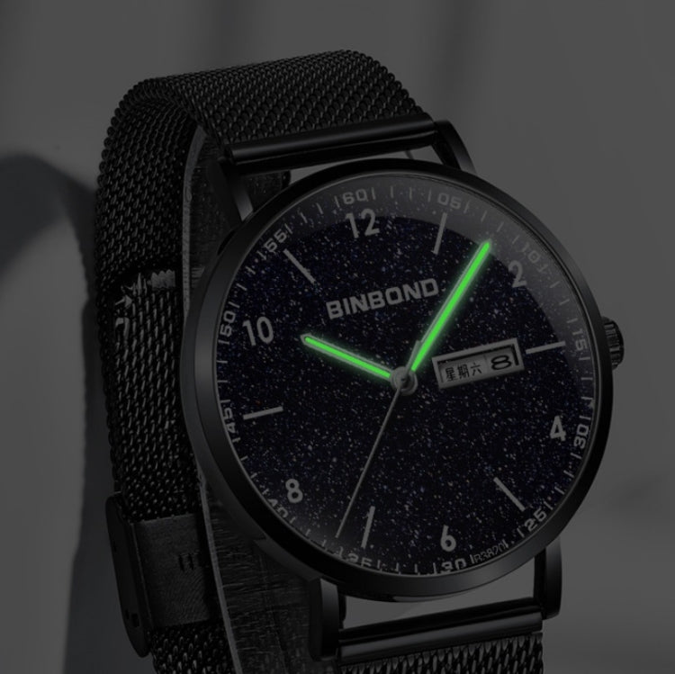BINBOND B3820 Men Simple Luminous Quartz Watch Student Trendstarry Starry Sky Pattern Watch(Black Leather Black Shell White Nails)
