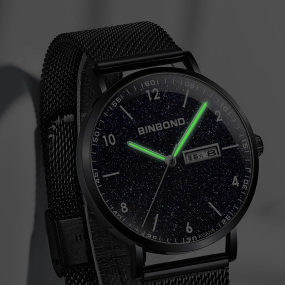 BINBOND B3820 Men Simple Luminous Quartz Watch Student Trendstarry Starry Sky Pattern Watch(Black Mash Black Shell White Nails)