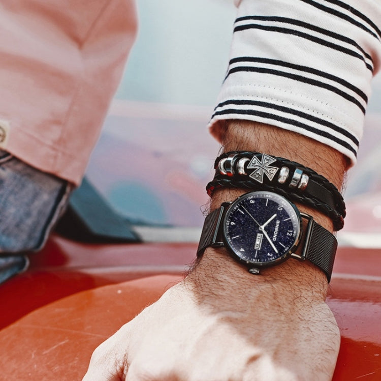 BINBOND B3820 Men Simple Luminous Quartz Watch Student Trendstarry Starry Sky Pattern Watch(Black Mash Rose Shell Rose Gold Nails)