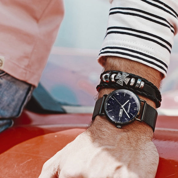 BINBOND B3820 Men Simple Luminous Quartz Watch Student Trendstarry Starry Sky Pattern Watch(Black Mash Rose Shell Rose Gold Nails)