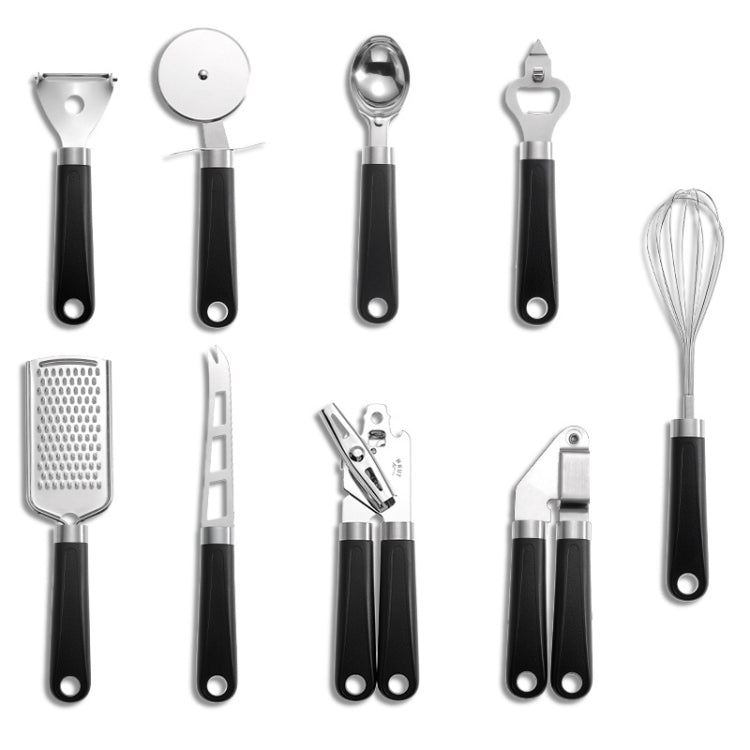 9 in 1 Plastic Handle Stainless Steel Kitchen Utensils Household Gadget Set(Black)