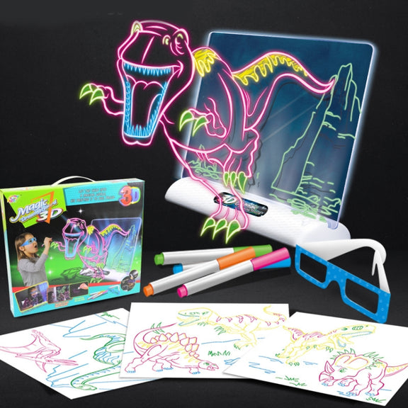 3D Fluorescent Drawing Board Magic Luminous Three-Dimensional Writing Board Graffiti Board Lighting Puzzle Children Drawing Board,Style: Large Drawing Board (Dinosaur Version)