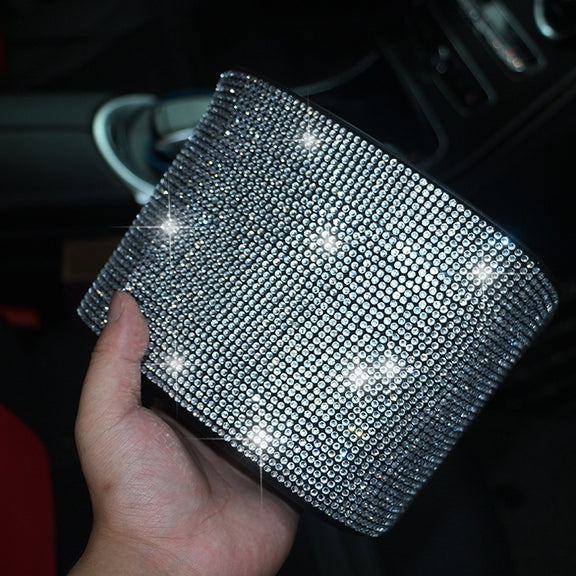 Car-Studded Trash Can Personality Car Hanging Trash Bag Multi-Function Car Storage Box(White Diamonds)
