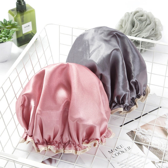 Lovely Thick Women Satin Colorful Double Water-resistant Hair Cover Bathing Cap(Grey)
