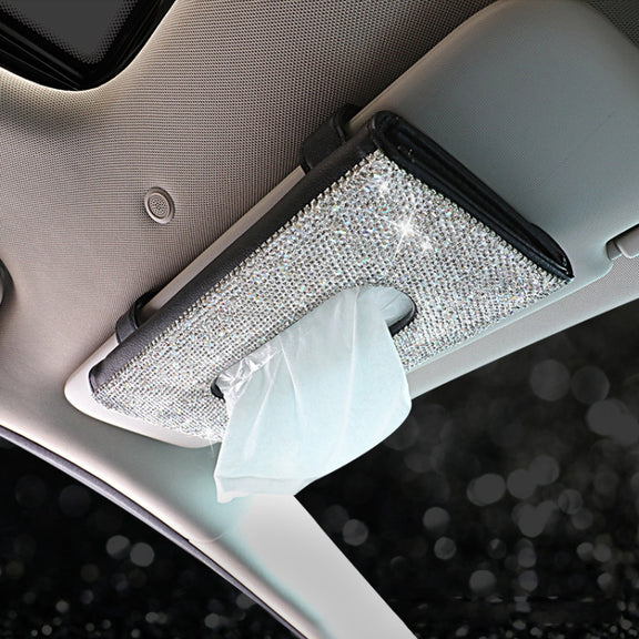Car Tissue Box Car Hanging Sun Visor Pumping Box(Beige White Diamonds)