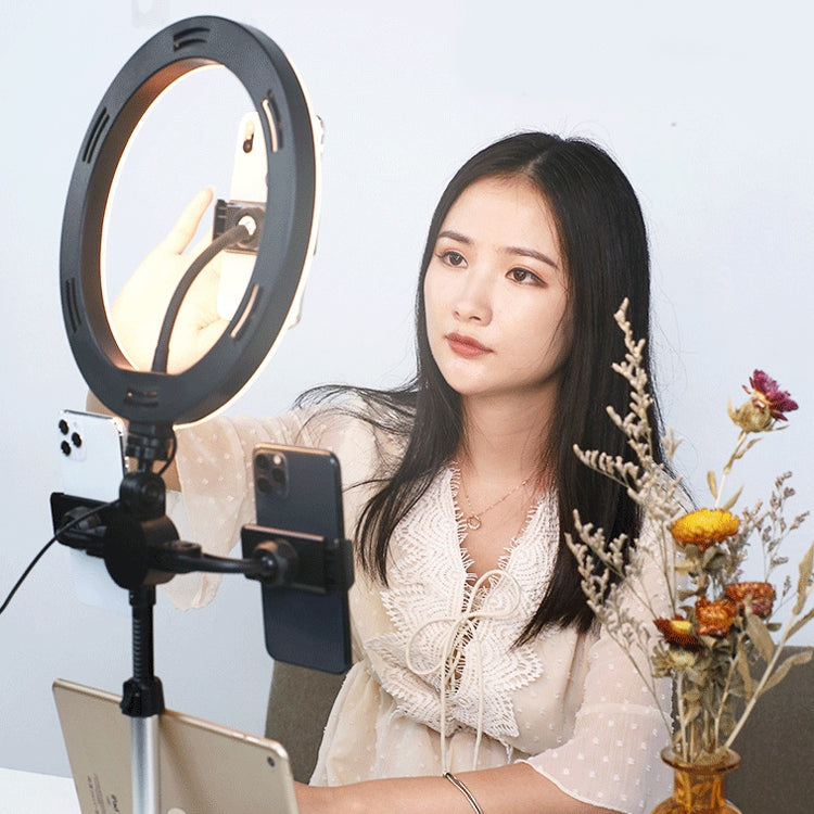 Telescopic Adjustment Live Frame Desktop Tablet Mobile Phone Bracket, Specification: K07 Three-seat With Fill Light (White)