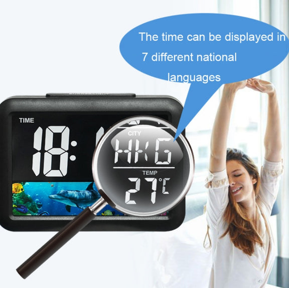 Color Screen Children Electronic Alarm Clock LCD Bedside Alarm Clock(Black Whale)