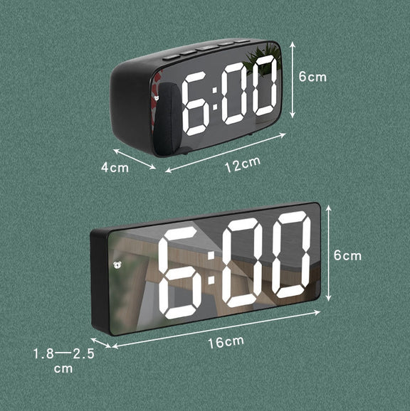 Mirror Bedside Alarm Clock Battery Plug-In Dual-Purpose LED Clock, Colour: Arc-shaped Black Shell (Black Surface Red Light)