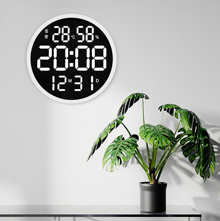6620 12 Inch LED Simple Wall Clock Living Room Round Silent Digital Temperature And Humidity Electronic Clock(White Frame EU Plug)