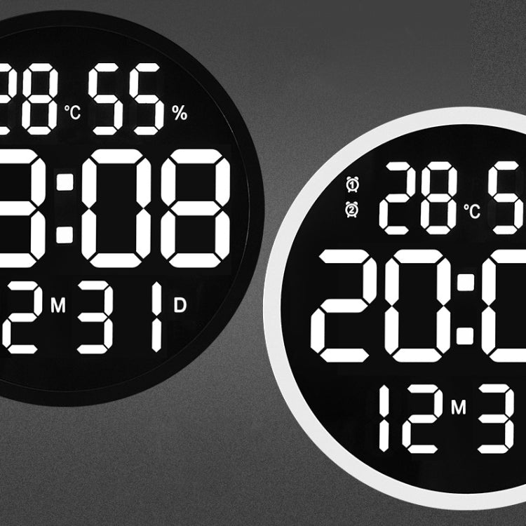 6620 12 Inch LED Simple Wall Clock Living Room Round Silent Digital Temperature And Humidity Electronic Clock(Black Frame EU Plug)