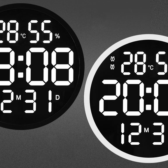 6620 12 Inch LED Simple Wall Clock Living Room Round Silent Digital Temperature And Humidity Electronic Clock(White Frame US Plug)