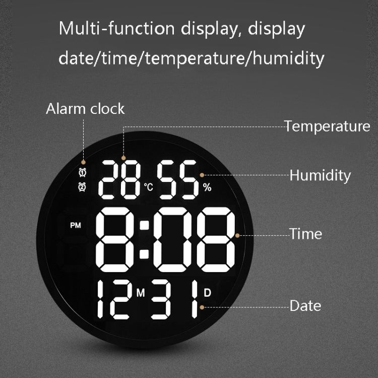 6620 12 Inch LED Simple Wall Clock Living Room Round Silent Digital Temperature And Humidity Electronic Clock(Black Frame EU Plug)