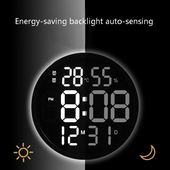 6620 12 Inch LED Simple Wall Clock Living Room Round Silent Digital Temperature And Humidity Electronic Clock(Black Frame EU Plug)