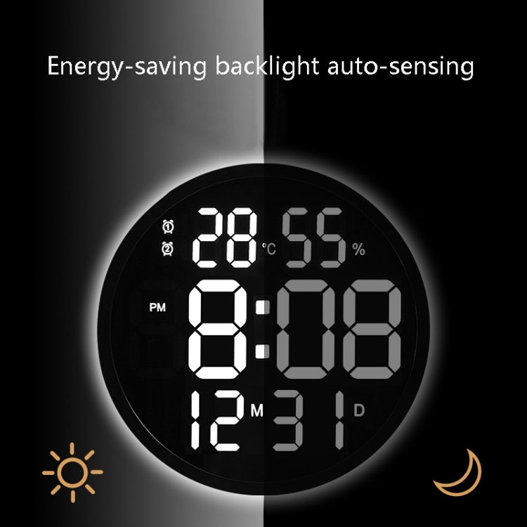 6620 12 Inch LED Simple Wall Clock Living Room Round Silent Digital Temperature And Humidity Electronic Clock(Black Frame EU Plug)