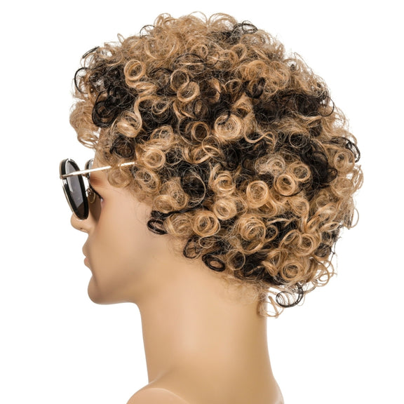 Men Wig Curls Hair Chemical Fiber Headgear(Brown+Black)