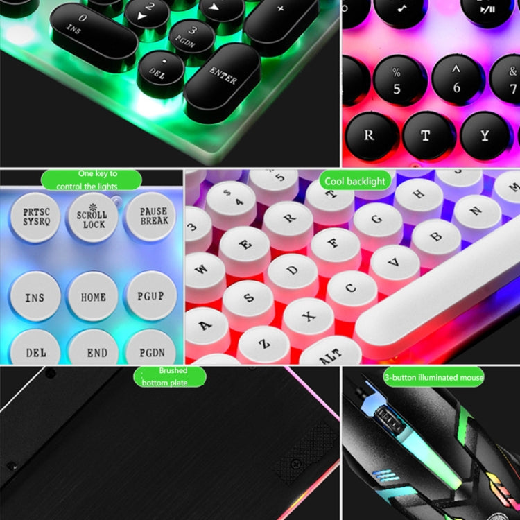 LIMEIDE GTX300 104 Keys Retro Round Key Cap USB Wired Mouse Keyboard, Cable Length: 1.4m, Colour: Punk Set Black