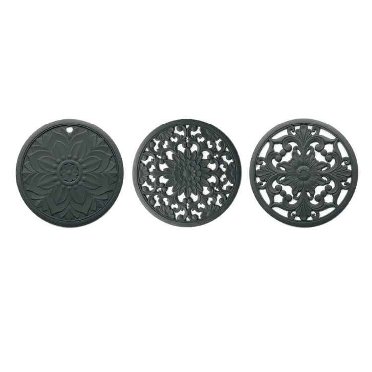 3 in 1 Hollow Flower Silicone Heat Insulation Pad Anti-Scalding Pot Bowl Pad Set(Black)