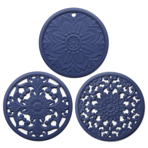3 in 1 Hollow Flower Silicone Heat Insulation Pad Anti-Scalding Pot Bowl Pad Set(Blue)