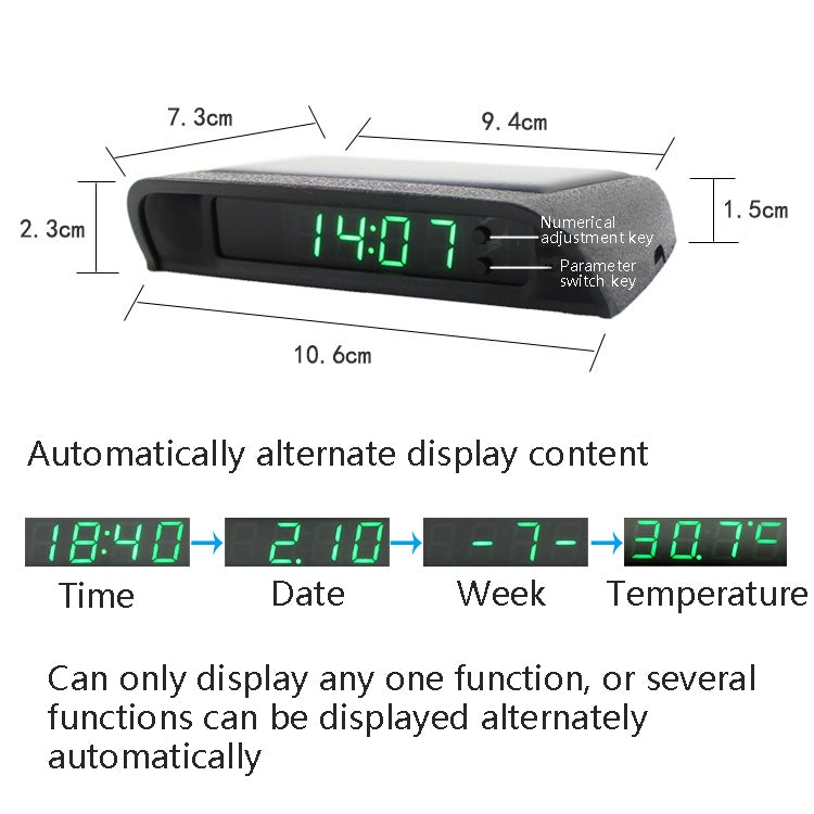 Solar Night Light Car Clock Automotive Electronic Clock Temperature Time+Date+Week+Temperature(Green Light)