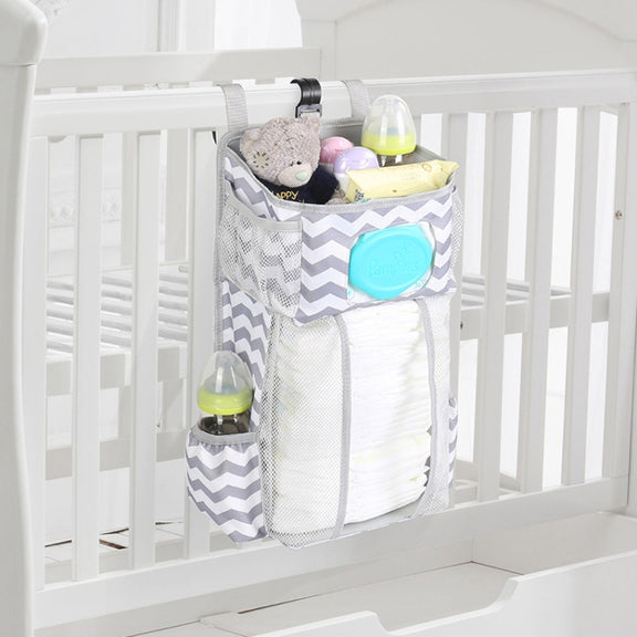 Baby Crib Hanging Bag Multifunctional Detachable Bed Diaper Toy Storage Bag(Gray Snow)