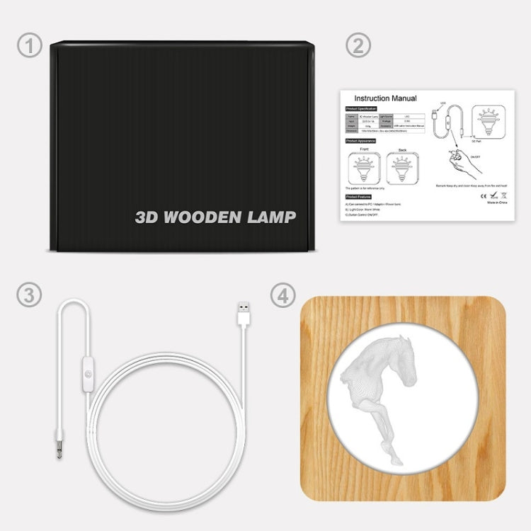 FS-A3762W 3D Horse Wooden Table Lamp Bedroom Night Light(Warm White Light)