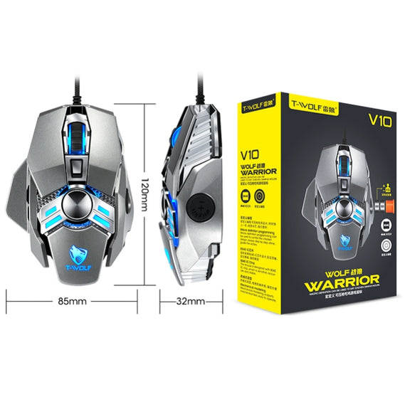 T-WOLF V10 USB Interface 7 Buttons 6400 DPI Gaming Wired Mouse Custom Macro Programming 4-Color Breathing Light Gaming Mouse, Cable Length: 1.5m(Gun Color)