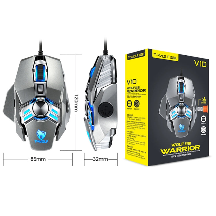 T-WOLF V10 USB Interface 7 Buttons 6400 DPI Gaming Wired Mouse Custom Macro Programming 4-Color Breathing Light Gaming Mouse, Cable Length: 1.5m(Gun Color)
