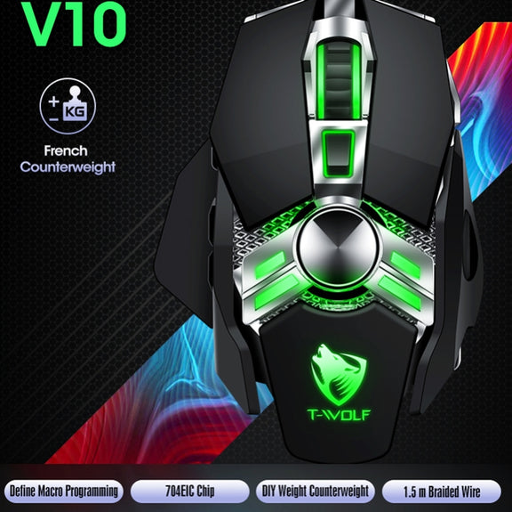 T-WOLF V10 USB Interface 7 Buttons 6400 DPI Gaming Wired Mouse Custom Macro Programming 4-Color Breathing Light Gaming Mouse, Cable Length: 1.5m(Gun Color)