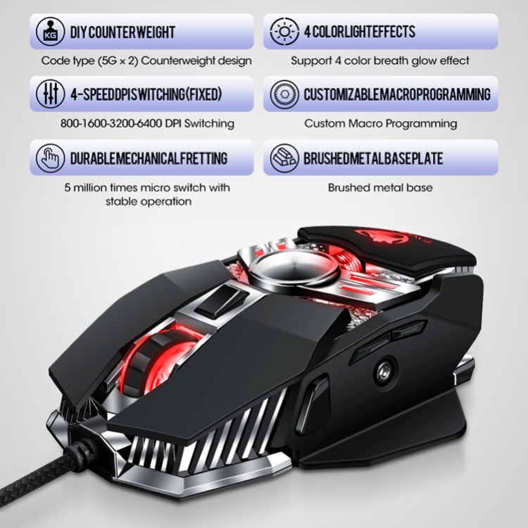 T-WOLF V10 USB Interface 7 Buttons 6400 DPI Gaming Wired Mouse Custom Macro Programming 4-Color Breathing Light Gaming Mouse, Cable Length: 1.5m(Gun Color)