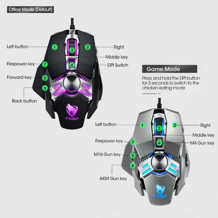 T-WOLF V10 USB Interface 7 Buttons 6400 DPI Gaming Wired Mouse Custom Macro Programming 4-Color Breathing Light Gaming Mouse, Cable Length: 1.5m(Gun Color)