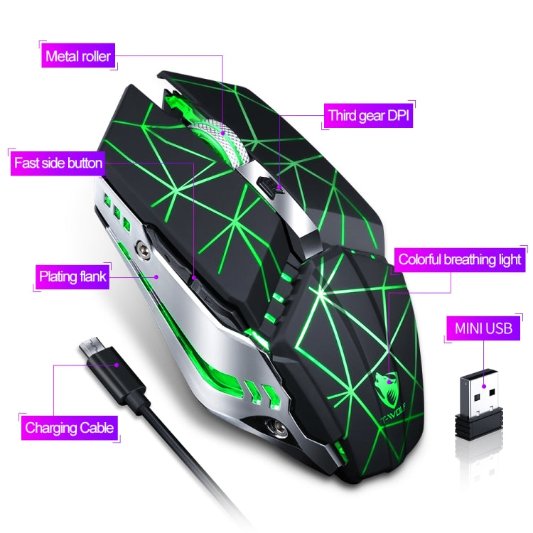 T-WOLF Q15 6-Buttons 1600 DPI Wireless Rechargeable Mute Office Gaming Mouse with 7 Color Breathing Light(Pearl White)