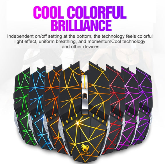 T-WOLF Q15 6-Buttons 1600 DPI Wireless Rechargeable Mute Office Gaming Mouse with 7 Color Breathing Light(Pearl White)
