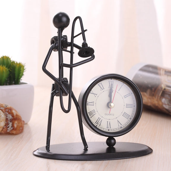 Iron Stainless Steel Small Table Clock Retro Personality Clock Birthday Gift(C66 Trombone Clock)