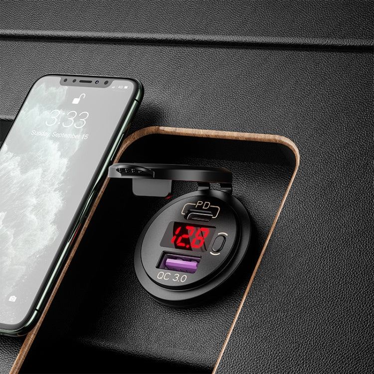 12V Modified Car USB Charger With Voltage Display PD QC3.0 Socket(With 60cm Line Red Light)