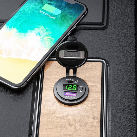 12V Modified Car USB Charger With Voltage Display PD QC3.0 Socket(With 60cm Line Green Light)