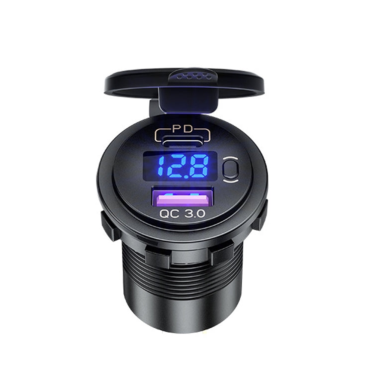 12V Modified Car USB Charger With Voltage Display PD QC3.0 Socket(With 60cm Line Green Light)