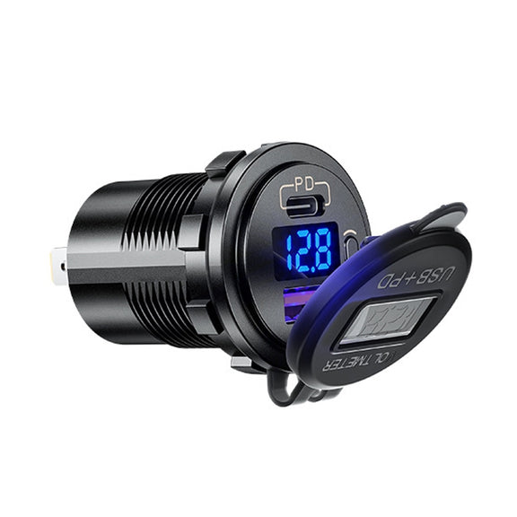 12V Modified Car USB Charger With Voltage Display PD QC3.0 Socket(With 60cm Line Red Light)