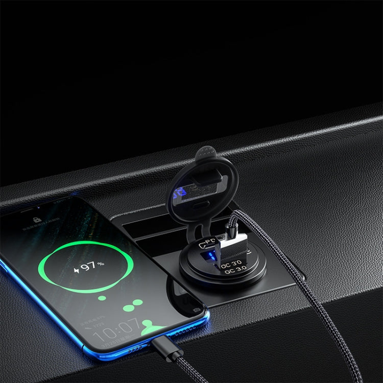 12V Modified Car USB Charger With Voltage Display PD QC3.0 Socket(With 60cm Line Green Light)