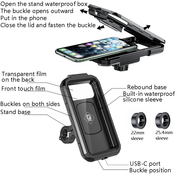 Kewig Bicycle Motorcycle Water-resistant Box Mobile Phone Bracket Riding Touch Mobile Phone Fixed Seat(M18S-B1 Small Handlebar Installation)