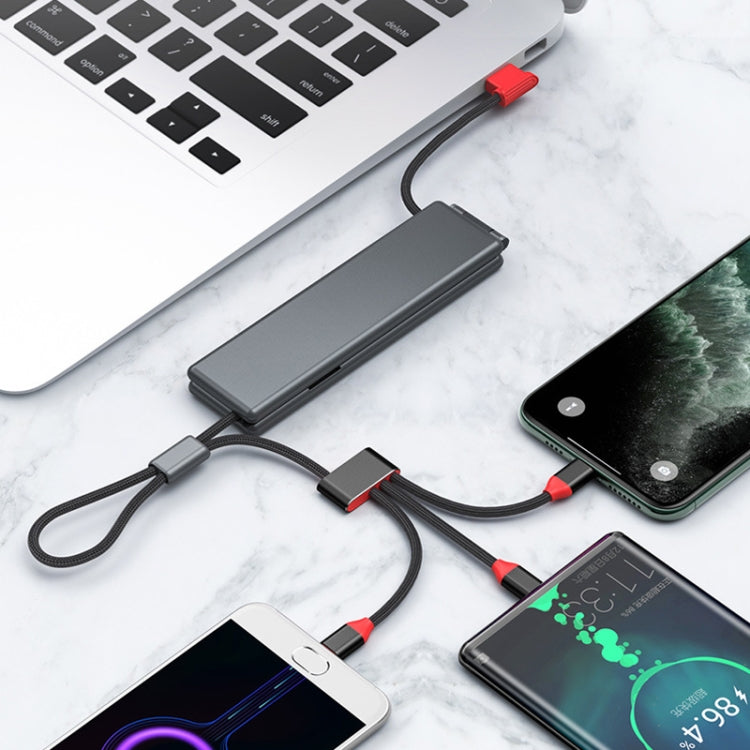 Oatsbasf 03083 Portable Multi-Function Micro USB + USB-C / Type-C + 8 Pin 3 in 1 Charging Cable(Gray)