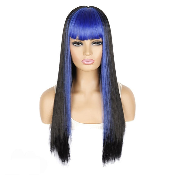 Color Bleaching And Dyeing Double Sideburns With Bangs Long Straight Hip-Hop Wig(Gem Blue Bleaching Black)